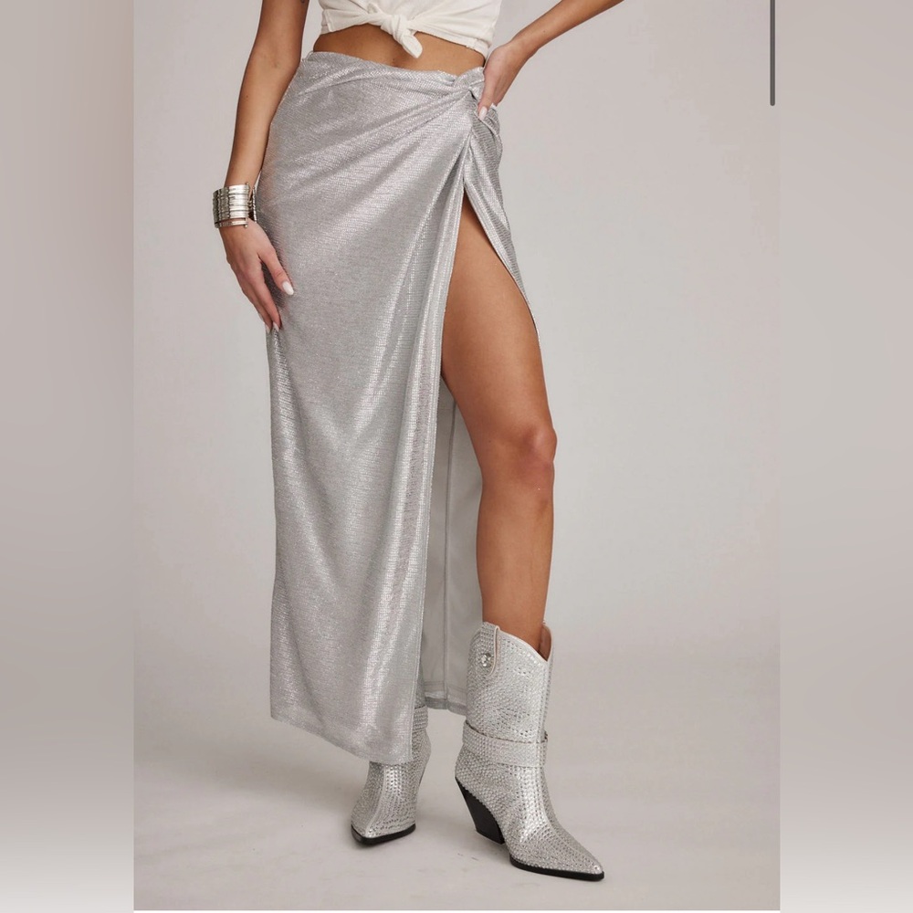 12th Tribe Silver Metallic Maxi Skirt with High Side Slit